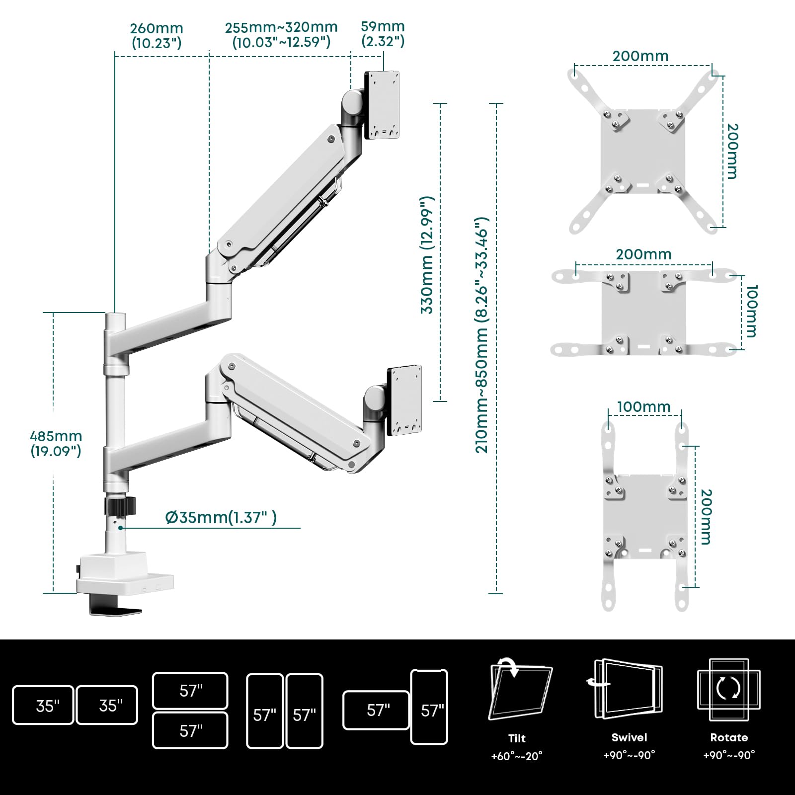 Braccio Monitor Doppio Verticale per 24-57-pollici - Regolazione Dell'altezza con Inclinazione e Girevole Supporto Doppio Monitor, Capacità di Carico da 2-27 kg, VESA 75/100/200 mm, Bianco