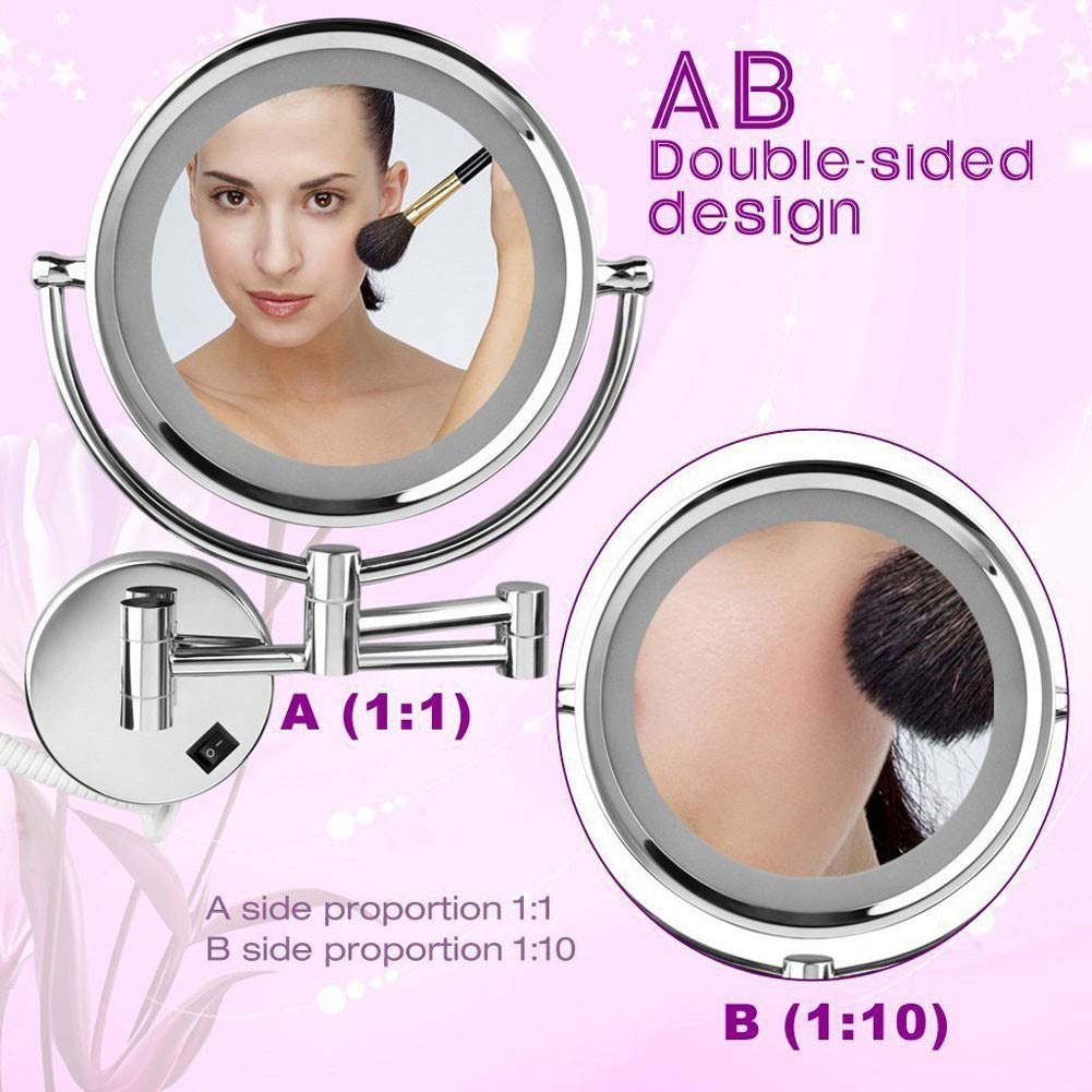Espejo de baño de 8,5'' montado en la pared, espejo de maquillaje con iluminación LED, aumento de 10X, dos superficies giratorias, redondo, extensible y acabado cromado, espejos de afeitar c