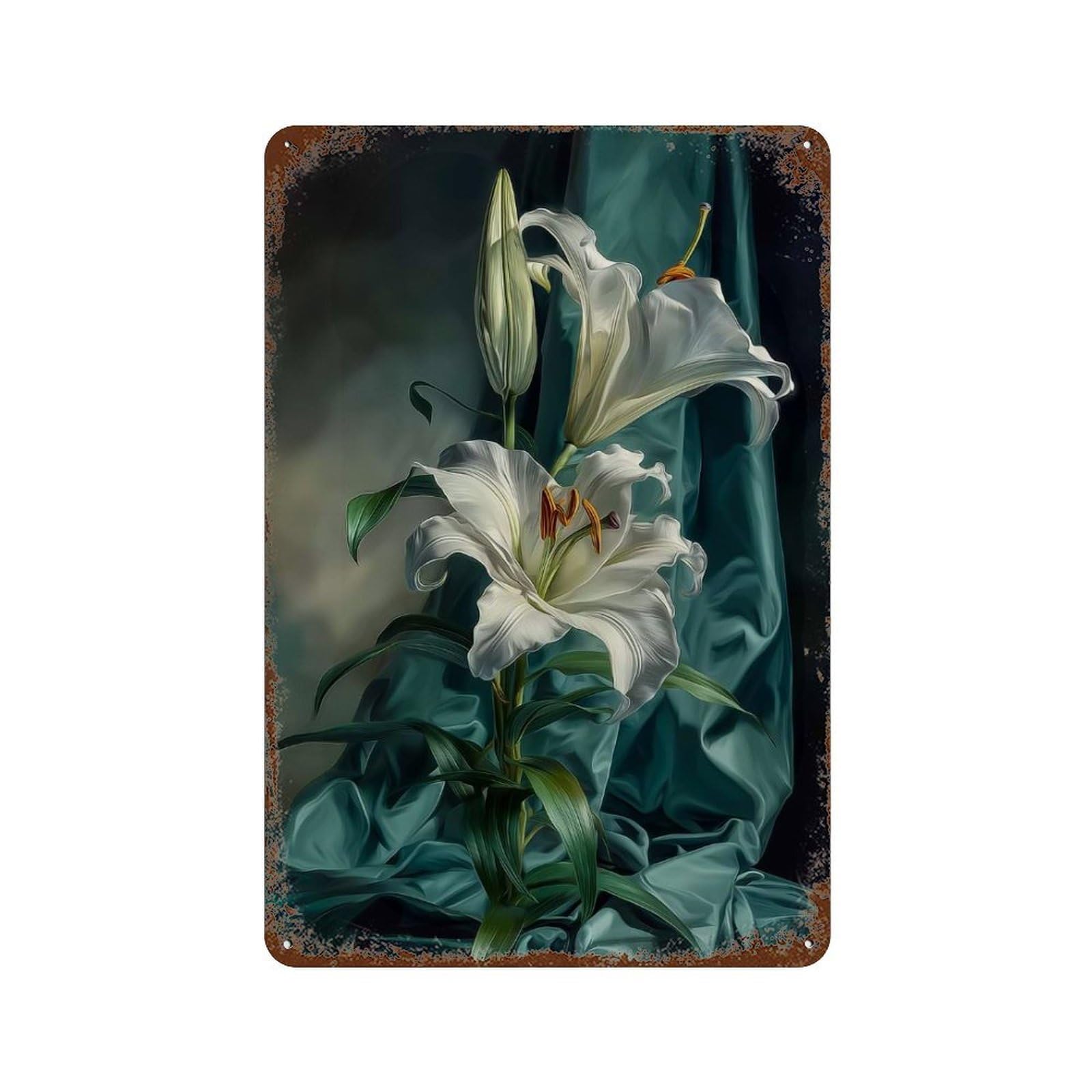 Elegant White Lilies with Teal Drapery 11.8"x7.9" Rustic Tin Plaque, Industrial Home Decor for Farmhouse, Kitchen And Entryway Decor