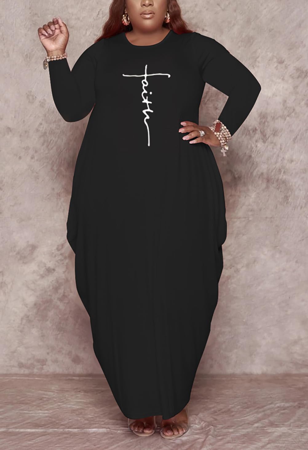 Fooullaide Women's Plus Size Maxi Dress Print Loose Oversize Long Sleeve Baggy Tshirt Casual Tunic Dresses with Pocket - Image 5