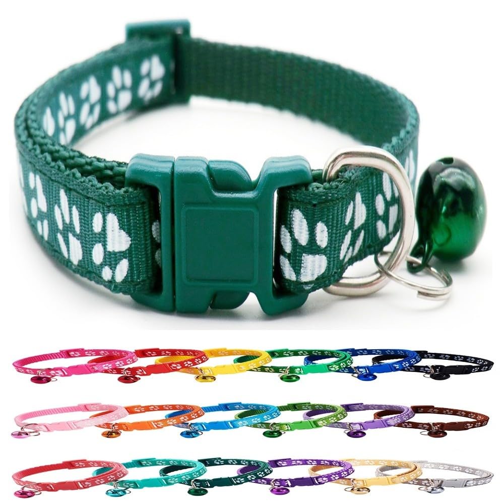 Dog Puppy Pet Small Medium Collar 2 Sizes Pawprint Design with Bell Nylon Adjustable Bottle Dark Green S โ image 1