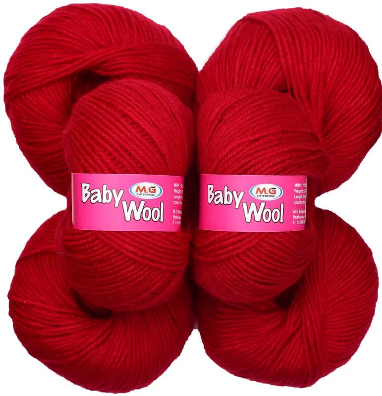 M.G ENTERPRISE Baby Wool for Knitting — Red (Pack of 8) | 100% Soft 4 ply Acrylic Wool | Fingering Crochet Hook Yarn | Art & Craft | Needle Thread for Crafting | 25g Each