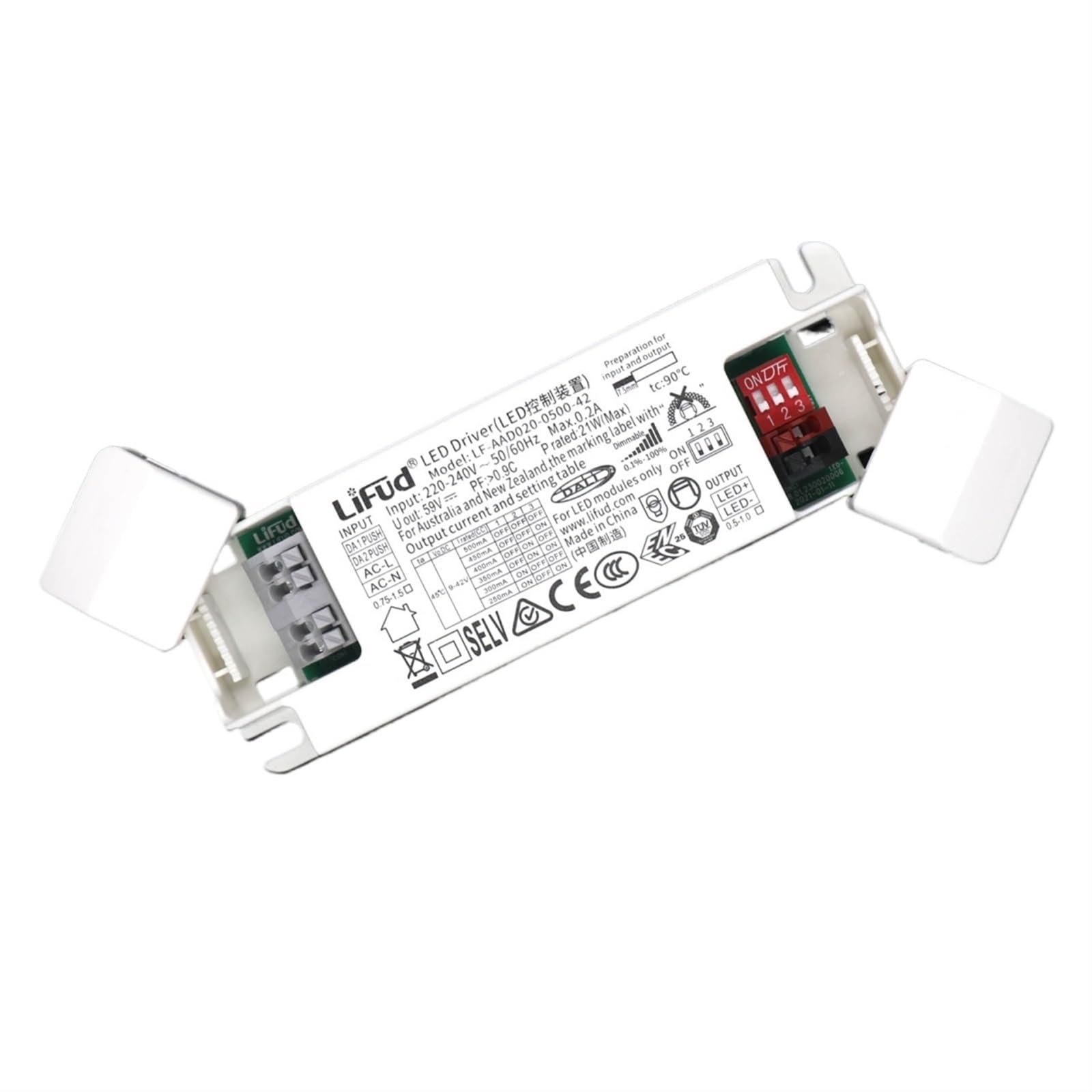 FCARUMIQP 8.4W 21W 31.5W 40W DALI CC Dimming Driver AC220-240V Power Adaptor DC9-42V LED Supply 100-1050mA Current Tunable(21W 500mA(Max))