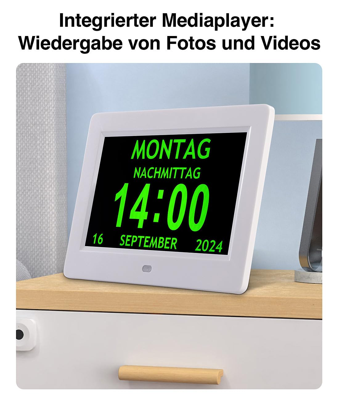infactory Demenzuhr: Digital-Uhr mit 7"-Display, Wecker, Medizin-Erinnerung, Mediaplayer (Digitalkalender, LCD Uhr, Weck)