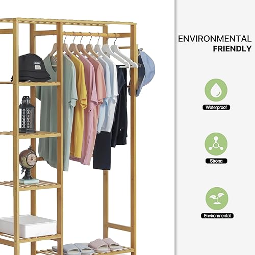 Miniatura 8 de Magshion Perchero de bambú de 6 niveles para guardar ropa, con ganchos laterales, estante de ropa resistente, portátil, organizador de armario para