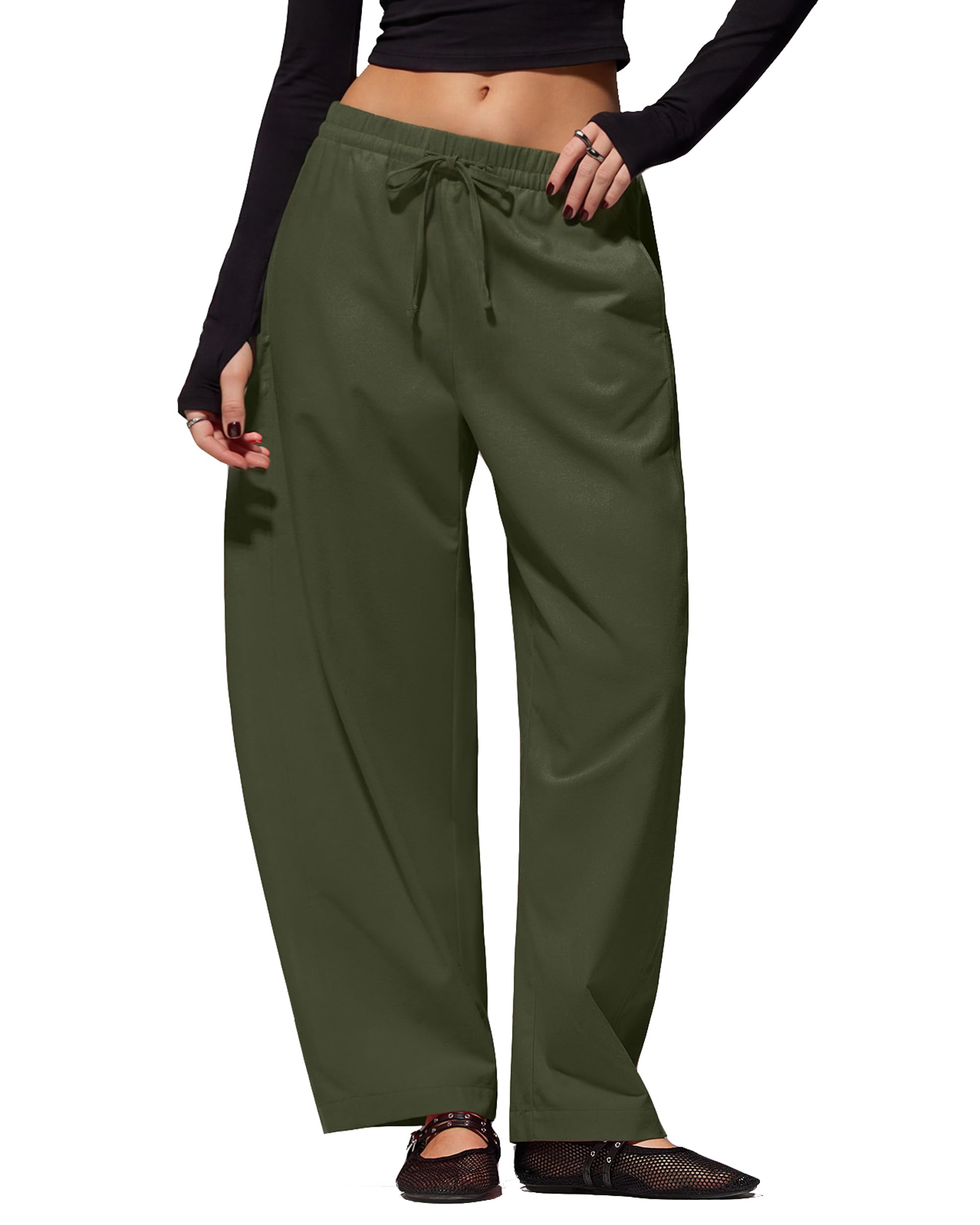 MOOSLOVER Women Linen Lightweight Barrel Pants Drawstring Comfort Casual Lounge Pants Baggy Loose Ankle Pants with Pocket
