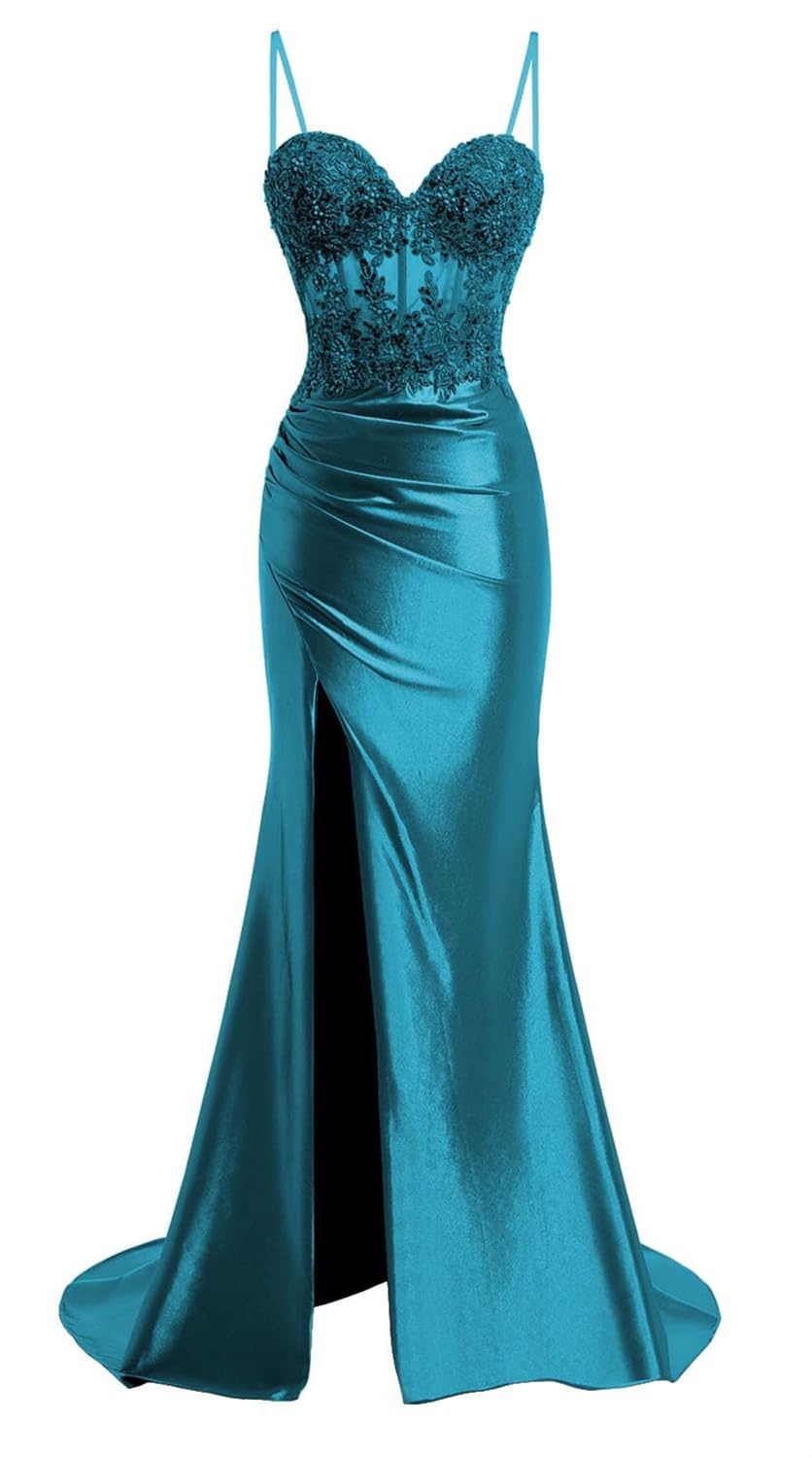 YIANN Mermaid Prom Dresses Teal for Women with Slit Spaghetti Strap Satin Ball Gown Long Formal Dress UK14