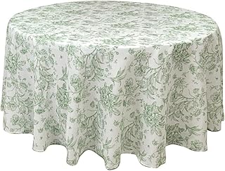 120" White with Dusty Sage Green French Toile Polyester Round Vintage Pastoral Floral Rustic Table Cloth Washable Table Cover for Indoor&Outdoor, Farmhouse Decor, Picnic, Tabletop Decoration