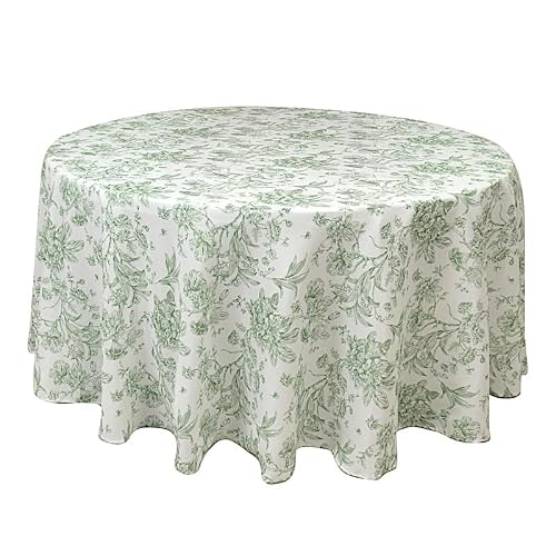 120" White with Dusty Sage Green French Toile Polyester Round Vintage Pastoral Floral Rustic Table Cloth Washable Table Cover for Indoor&Outdoor, Farmhouse Decor, Picnic, Tabletop Decoration