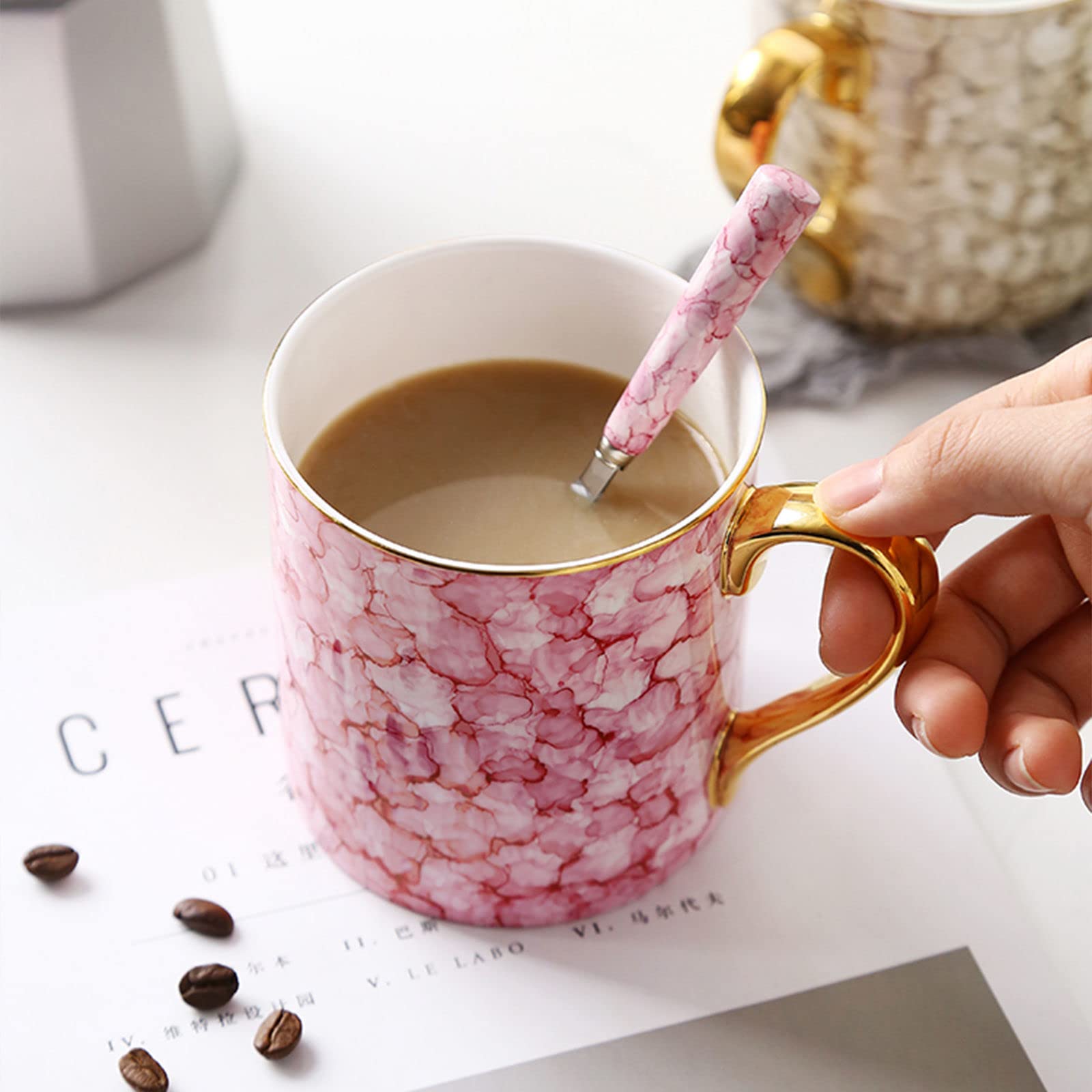 Persönliche Kaffeebecher, Keramiktasse, Kaffeetasse, 380 ml, Marmormuster, große Kaffeetasse, Keramiktasse mit Henkel, Mikrowellentasse, for Hafer, Milch, Kaffee, Tee, Rosa (Color : Pink)