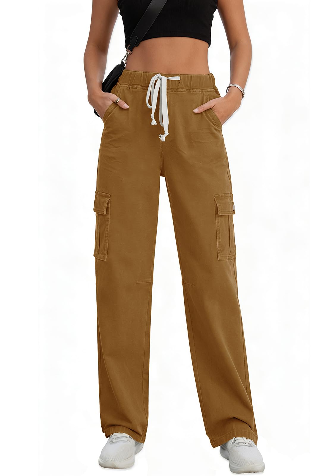 Women Chino Cargo Pants High Waisted Stretchy Fall Pants Womens Drawstring Pull On Trousers