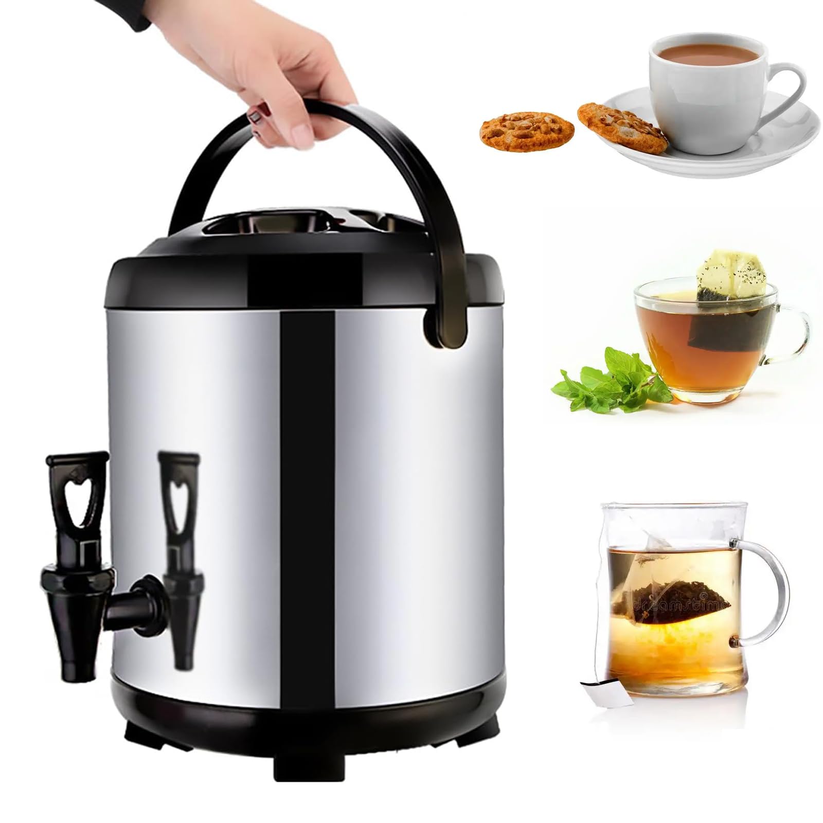 Dispensador de bebidas aislado de acero inoxidable con grifo, cubo térmico de doble pared para agua caliente, leche y bebidas, 6 L a 20 L