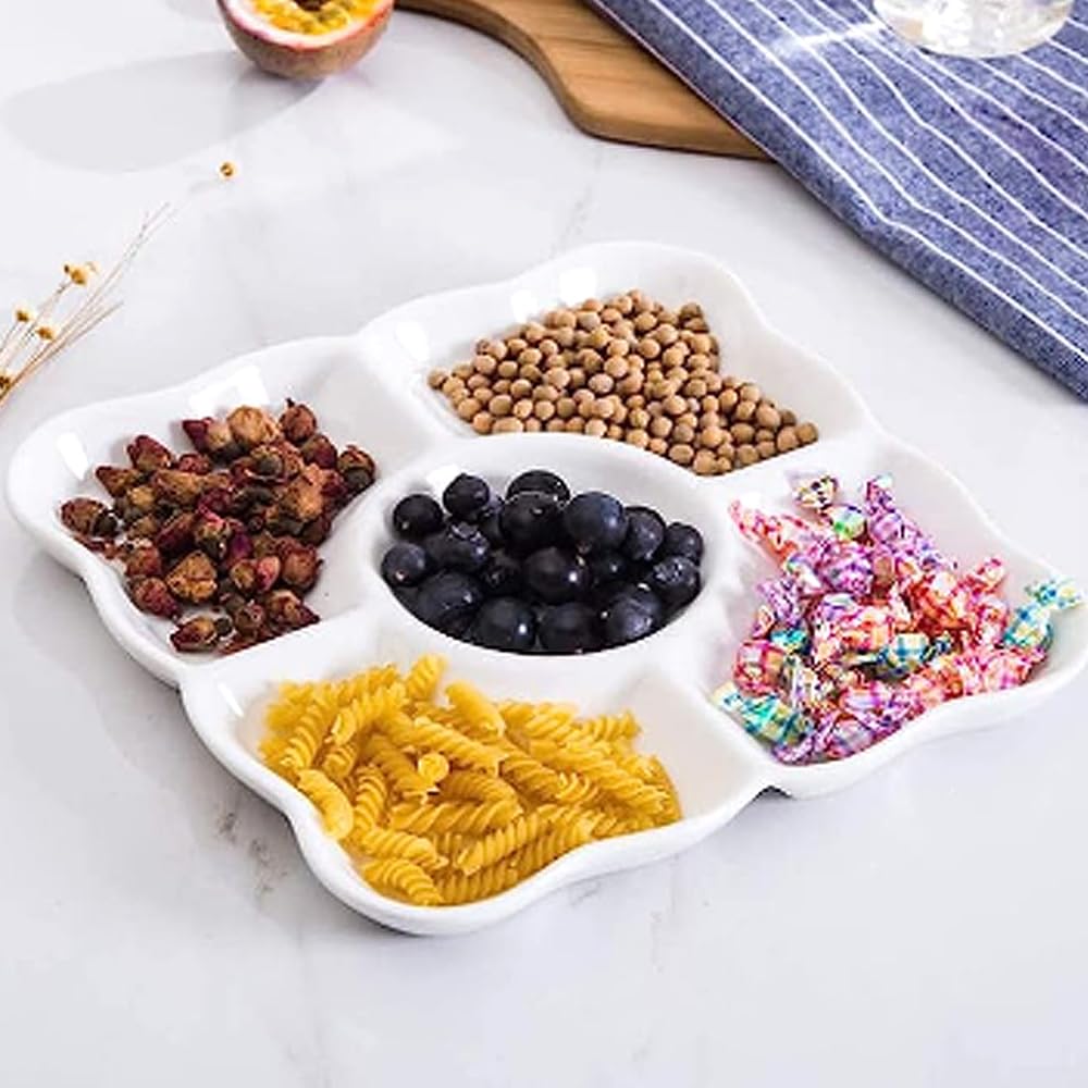 3 Pezzi Piatto con Scomparti 5 Sezioni Vassoio Divisorio Per Snack Riutilizzabili Porta Snack Plastica per Feste Caramelle,Antipasti,Frutta Secca,Dessert(Bianco)