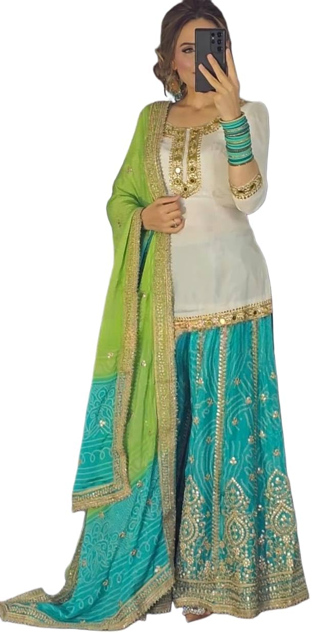 Zoura Women's Cotton blend Embroidery Zari work Salwar Suit With Round Neck And 3/4 Sleeve with Dupatta & Sharara