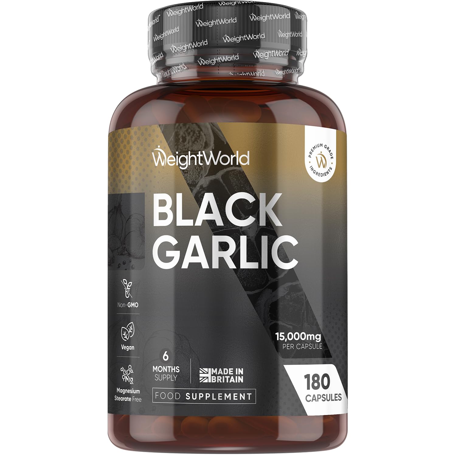 Black Garlic Capsules 15000mg | 6 Months Supply | 180 Capsules | Highly Concentrated Black Garlic Extract (100:1) | 1 per Day | Vegan, Non-GMO & Magnesium Stearate-Free | Made in The UK