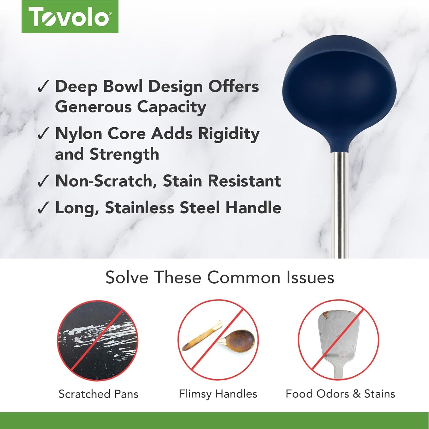 Tovolo Cucharón de silicona con mango de acero inoxidable, cucharón profundo para cocinar enlatado, servir sopa, ponche, salsa de estofado, cuchara grande para utensilios de cocina, apto para