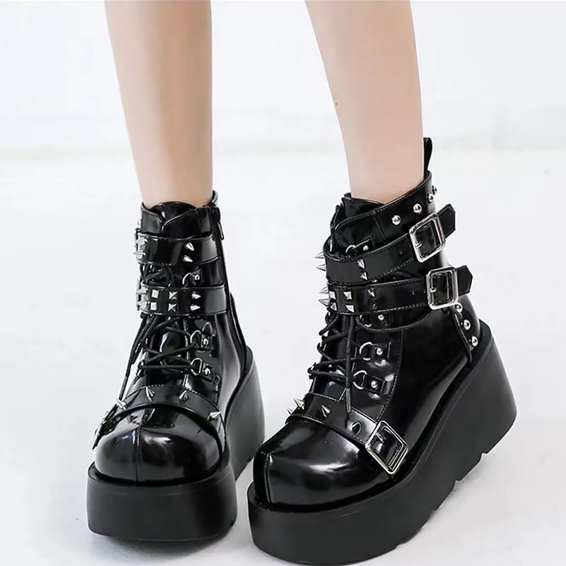 Damen-Gothic-Stiefeletten mit Plateau und Fledermausschnallen, klobige Absätze, runde Zehenpartie, Reißverschluss, Punk-Motorrad-Kampfstiefel, bequeme kurze Gothic-Stiefeletten