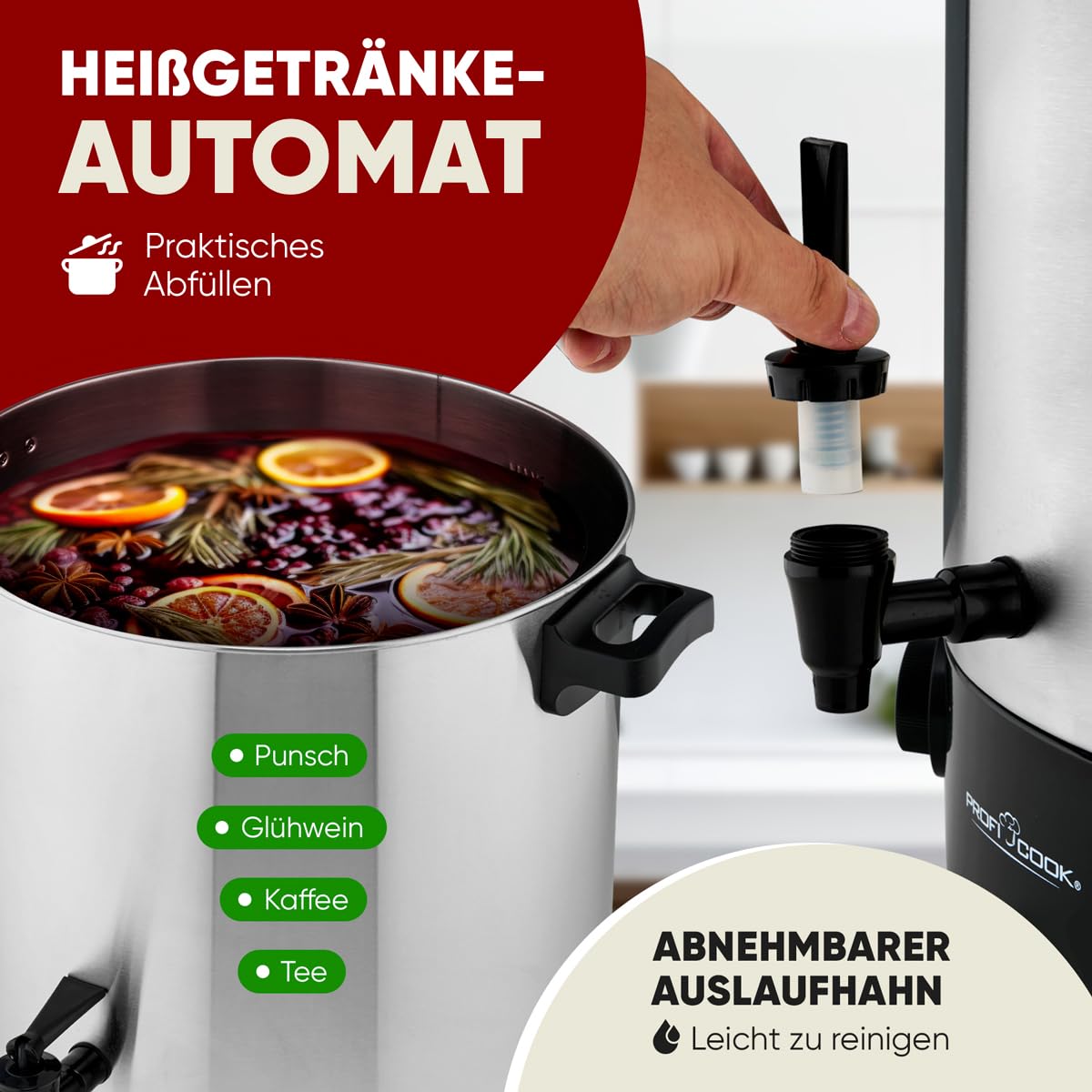 ProfiCook® 2en1 máquina para hervir y bebidas calientes | depósito de 32L | función mantener caliente | 2100W | 30°C - 100°C | hervidor de acero inoxidable | con grifo de vaciado | PC EKA 1283