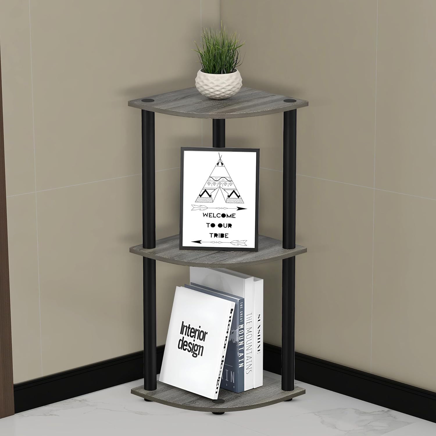 Plantex Wooden 3 Tier Corner Shelf/Industrial Wall Corner Book Shelf/Corner Storage Rack/Display Decorative Shelves/Stand Book Case for Home/Office/Kitchen - Pack of 1 (Grey)-picture-13