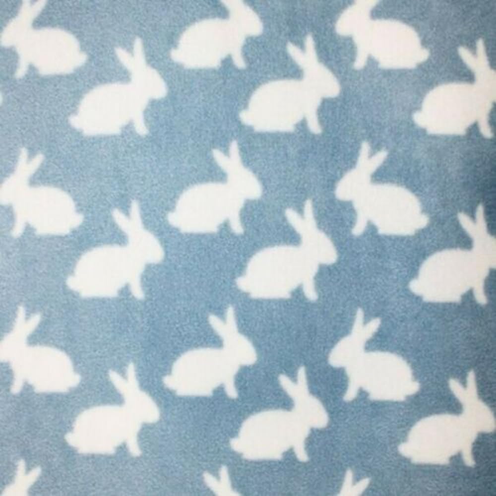 Printed Polar Anti Pil Fleece Fabric White Bunny Rabbits Bunnies Cute Animals 150cm Wide (Price Per Metre) (Blue)