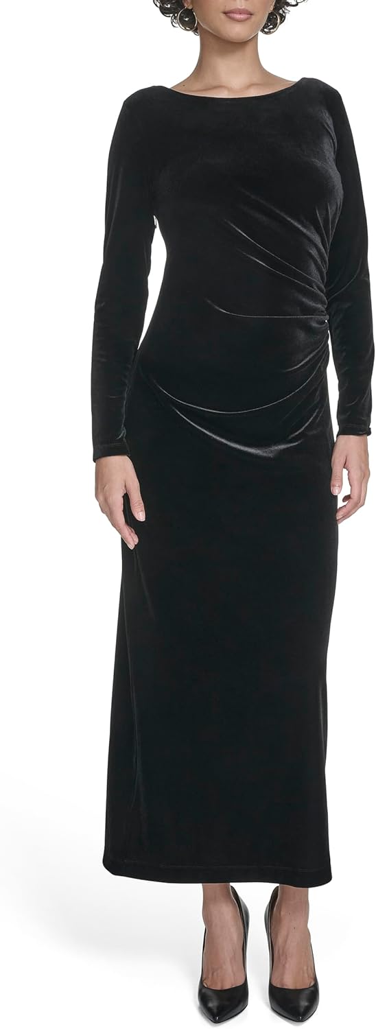 Calvin Klein Womens Long Sleeve Boat Neck Velvet Maxi Dress