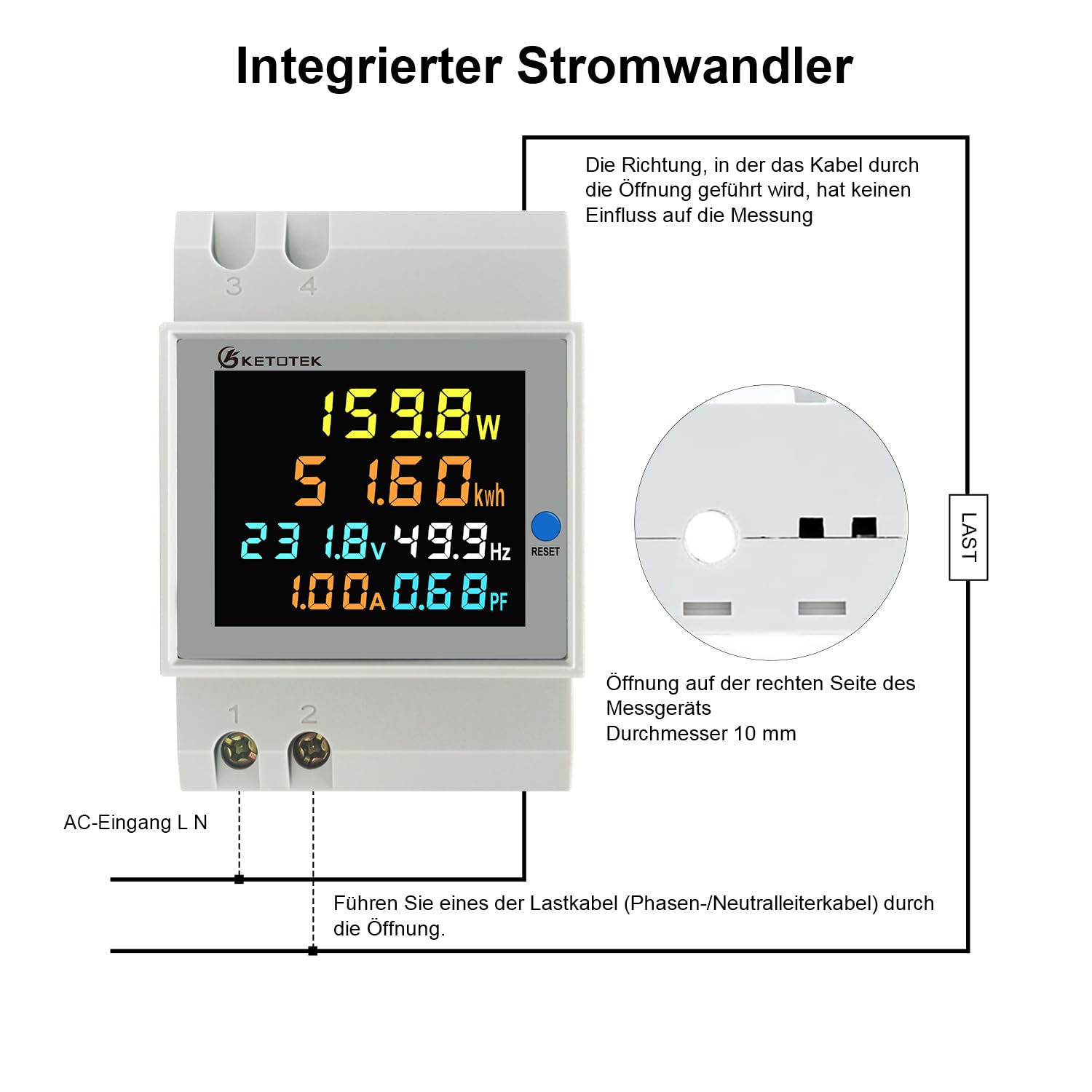 KETOTEK Stromzähler Hutschiene, Digitaler Energiezähler 6in1, AC40-300V 100A Wechselstromzähler KWh Zähler, Amperemeter Voltmeter Din, Geschlossenem Typ CT