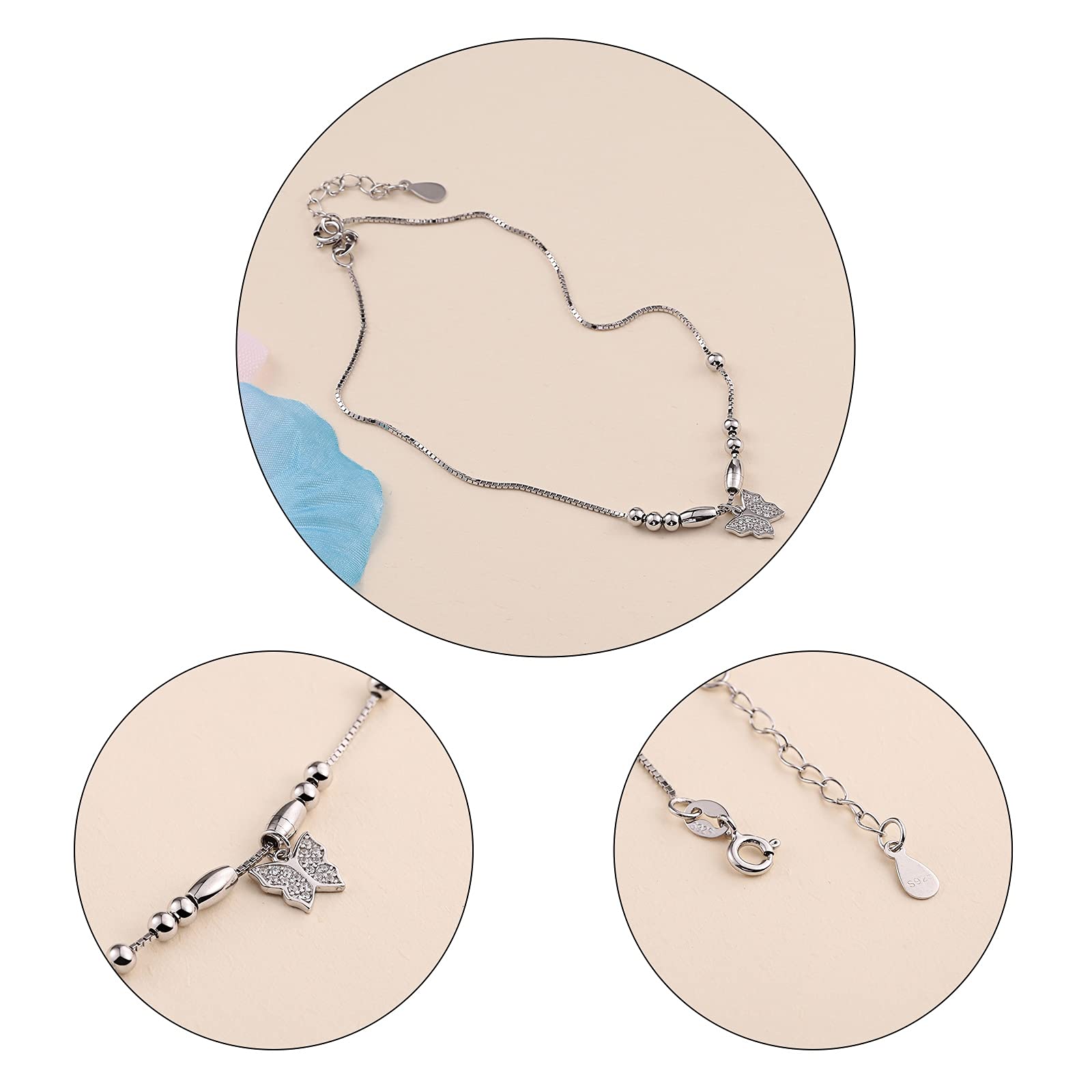 Beydodo Fußkette Damen 750 Weißgold, Fußkettchen 28CM Anhänger Schmetterling mit Zirkonia Fußkette Verlängerung Fußkettchen Urlaub Mädchen