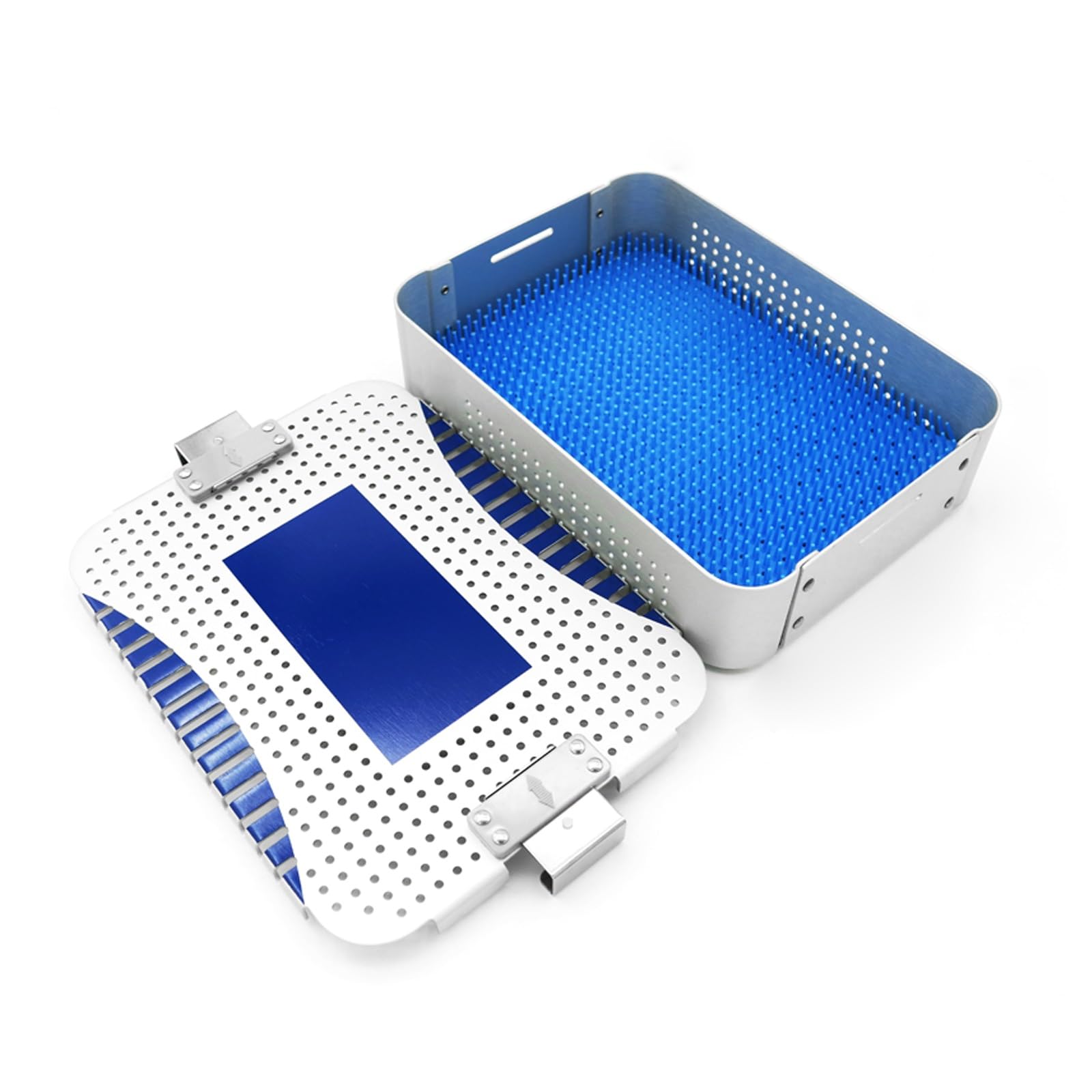 Aluminiowy kosz do sterylizacji, sterylizator narzędzi chirurgicznych z pokrywką i matą silikonową, odporny na wysokie temperatury, do chirurgii, szpitali, stomatologii (24 x 17,5 x 8 cm, pojedyncza