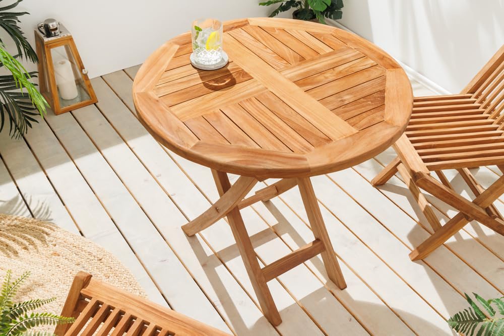 Riess Ambiente Gartentisch Empire Teak 70cm - Natur - Teakholz - robust | Montiert, wetterfest, natürliche Optik, bequemer Komfort, für Garten, Unikat, massive Verarbeitung, platzsparend
