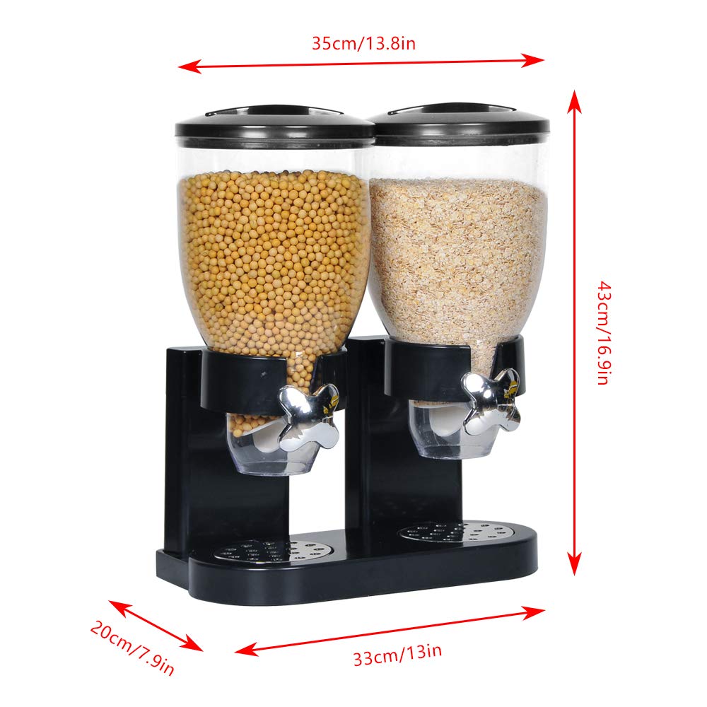 Dispensador de cereales de doble barril, dispensador de alimentos secos con gran almacenamiento para avena, frijoles, nueces, arroz, recipiente de almacenamiento de cocina, color negro