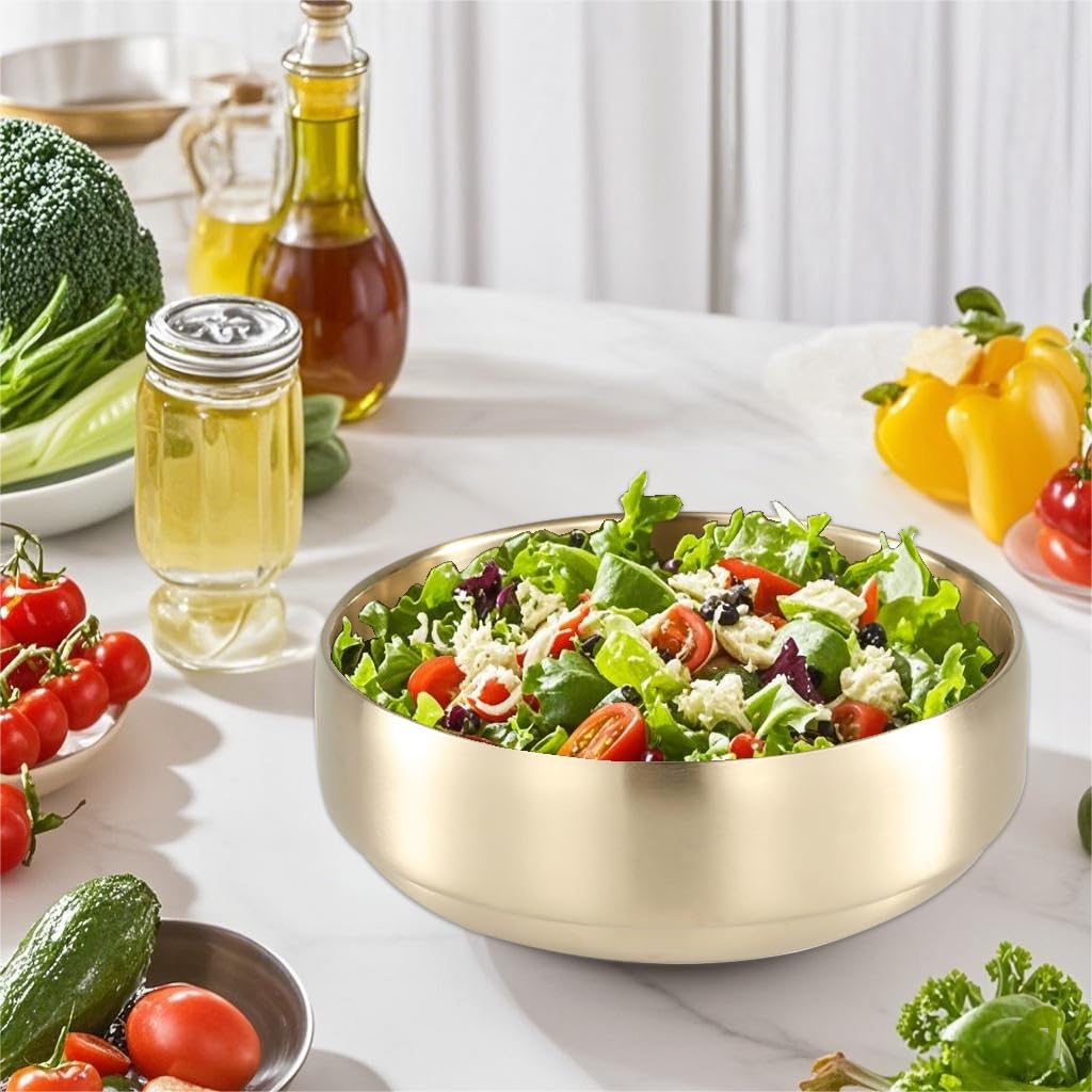 SANQIAHOME 47oz/8.3" Saladier en acier inoxydable de qualité 2pcs/set - Double paroi anti-brûlure, lavable au lave-vaisselle, grand bol de service pour la famille Bol à soupe doré de grande capacité