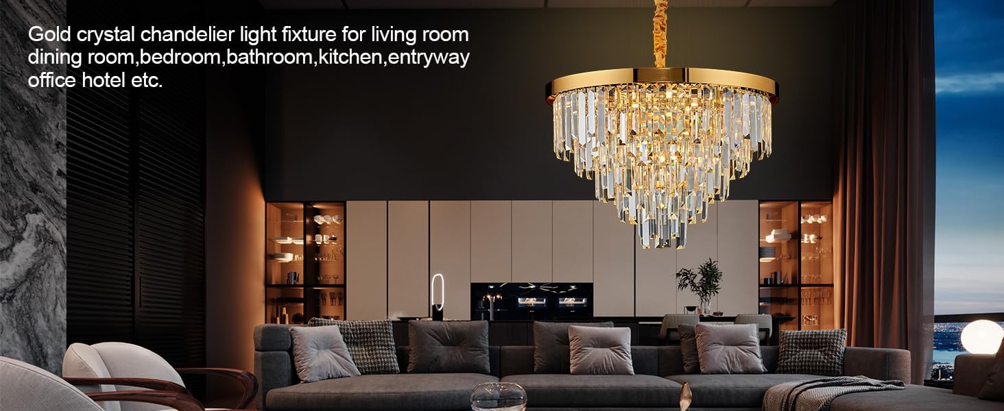 Gold Crystal Chandelier, 20" Modern Chandelier 5 Tiers 8 Light Pendant Lighting Round Chandelier for Kitchen Island Dining Room Entryway Bedroom Office