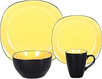 Vista 3 de Juego de vajilla de gres de 16 piezas en forma cuadrada, interior amarillo brillante + exterior negro mate Negro y amarillo