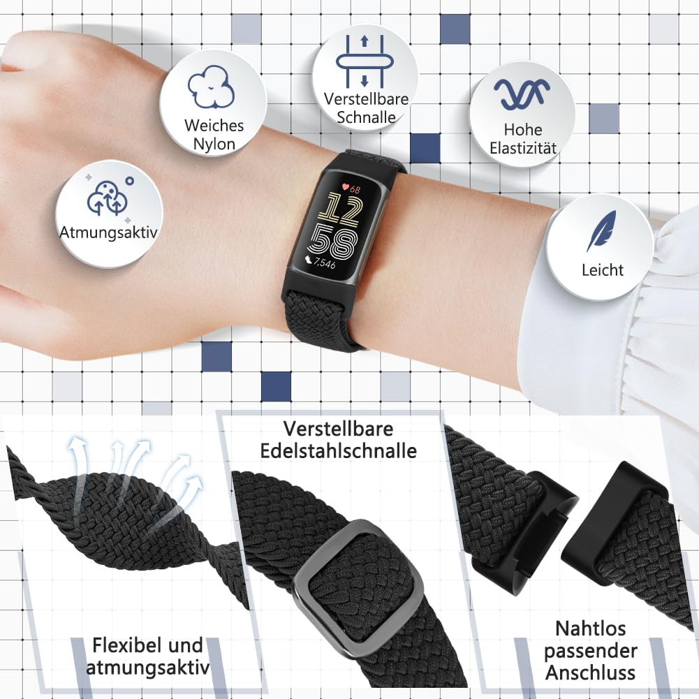Elastyczna, pleciona bransoletka kompatybilna tylko z Fitbit Charge 6/Fitbit Charge 5, regulowana, rozciągliwa tkanina nylonowa, bransoletka zastępcza do Fitbit Charge 6/Charge 5, dla kobiet