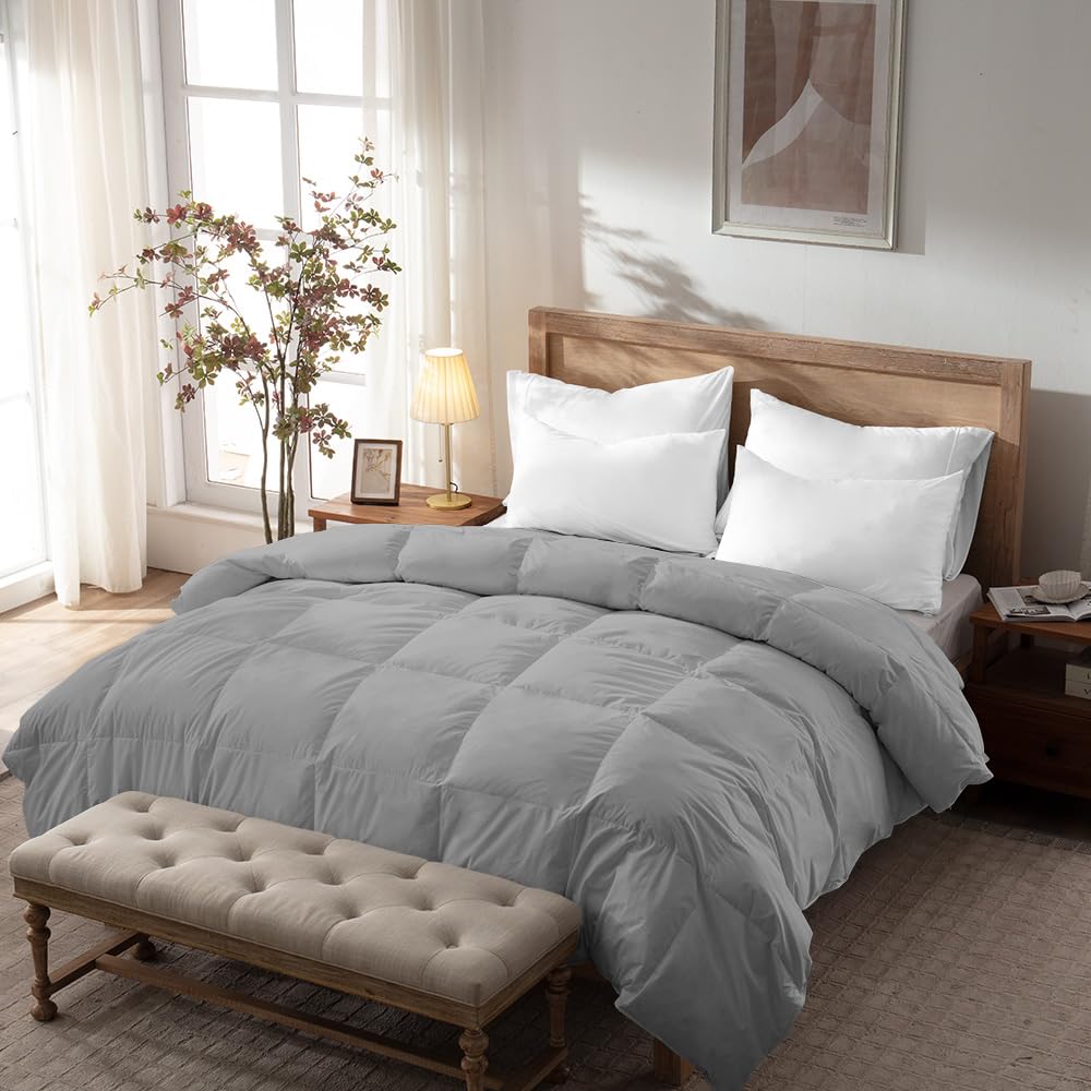 WarmKissKing Size Goose Feather Down Comforter – Ultra-Soft 100% Cotton Cover, Moisture-Wicking, Natural Kapok Fill, 55oz Medium Warmth, All-Season Fluffy Duvet Insert (106x90, Grey)