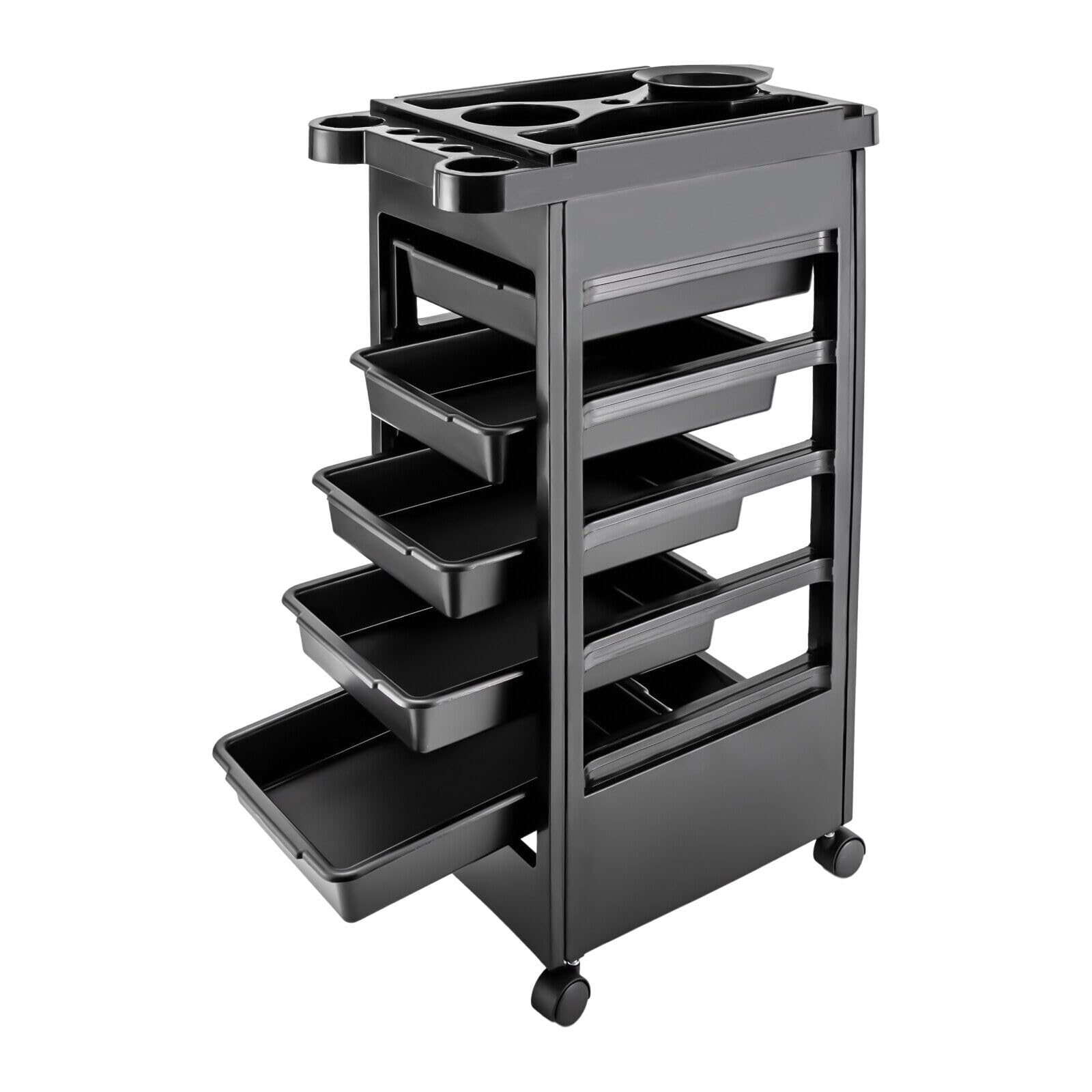 Carrello da barbiere, carrello da lavoro, carrello impilabile, colore nero, per barbiere, beauty salon, con 5 cassetti, porta asciugacapelli e 4 ruote, 50 x 32 x 81 cm