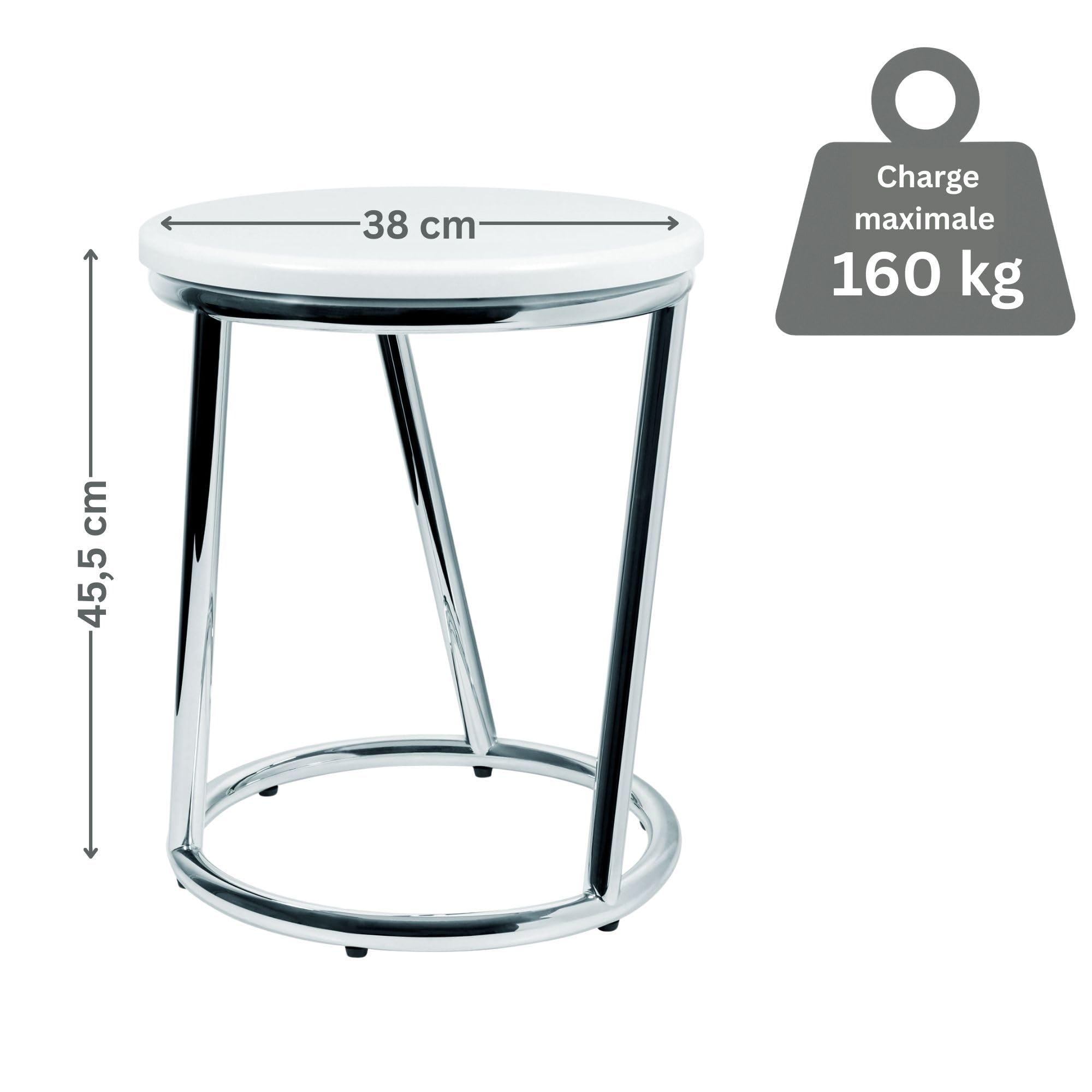 Tabouret de salle de bain Salina – tabouret rond en Métal chromé brillant– Tabouret robuste avec assise blanche au design de tabouret de bar – tabouret de cuisine polyvalent, repose-pieds, banc