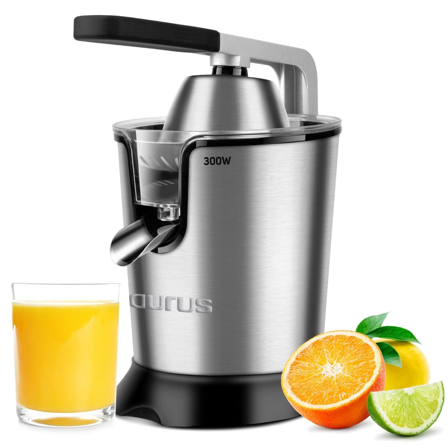 Taurus Easy Press 300 - Presse agrumes électrique levier professionnel 300W, Inox, Moteur à courant alternatif, 650ml, 2 cônes pour tous les agrumes, Filtre en inox et filtre régulateur de pulpe