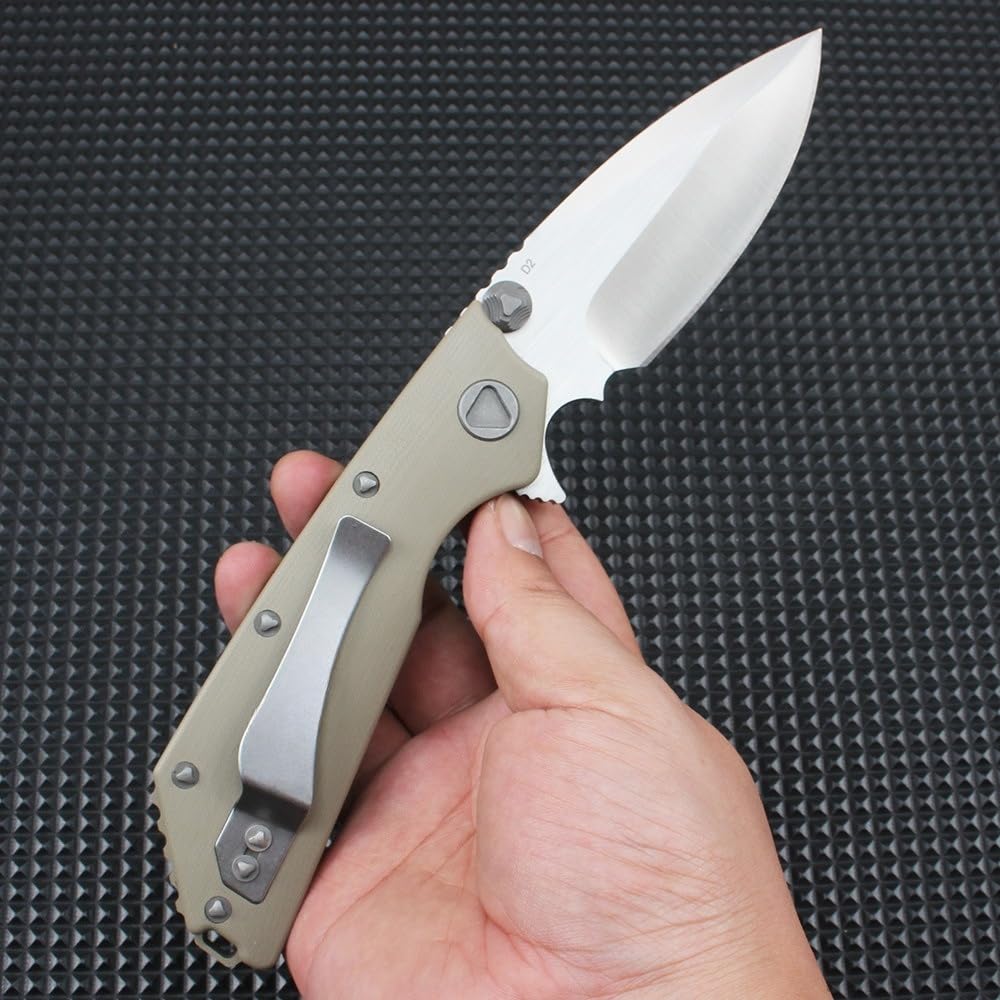 Generisch Klappmesser D2-Klinge G10-Griff 8,3 cm Satin-Finish，Khaki