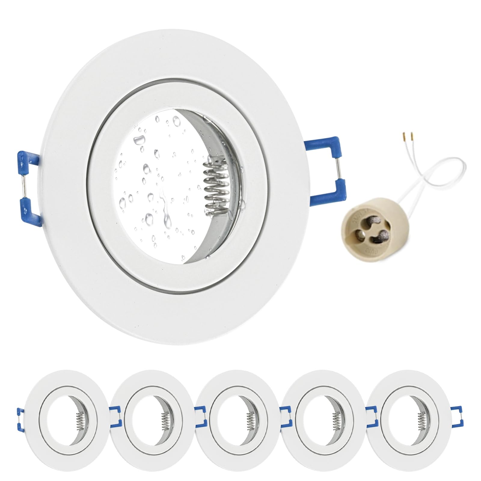 GeyouLux 6 x reflektor LED do zabudowy, 230 V, IP44, oprawka z gniazdem GU10, aluminiowa, biała, okrągła, płaska, okrągła, do łazienki, 68 mm, do użytku na zewnątrz i wewnątrz