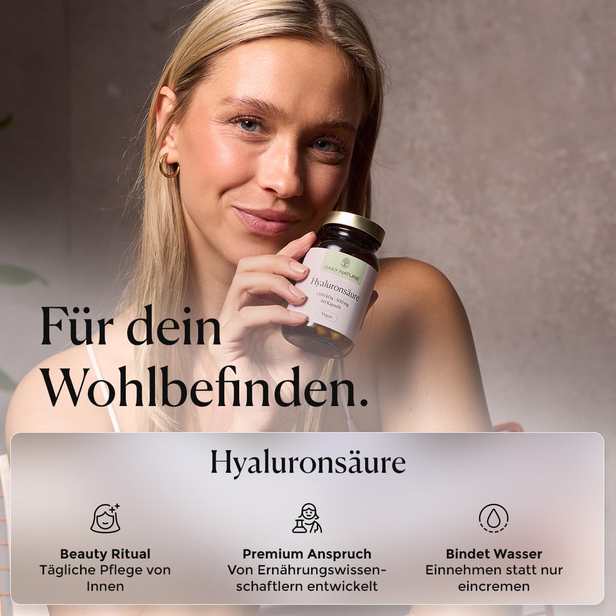 DAILY NATURE® Premium Hyaluronsäure I 60 Kapseln hochdosiert I 500 mg Natrium Hyaluronat pro Kapsel I 1.100 kDa I vegan & ohne unerwünschte Zusätze I gluten- & laktosefrei I hochwertige Inhaltsstoffe