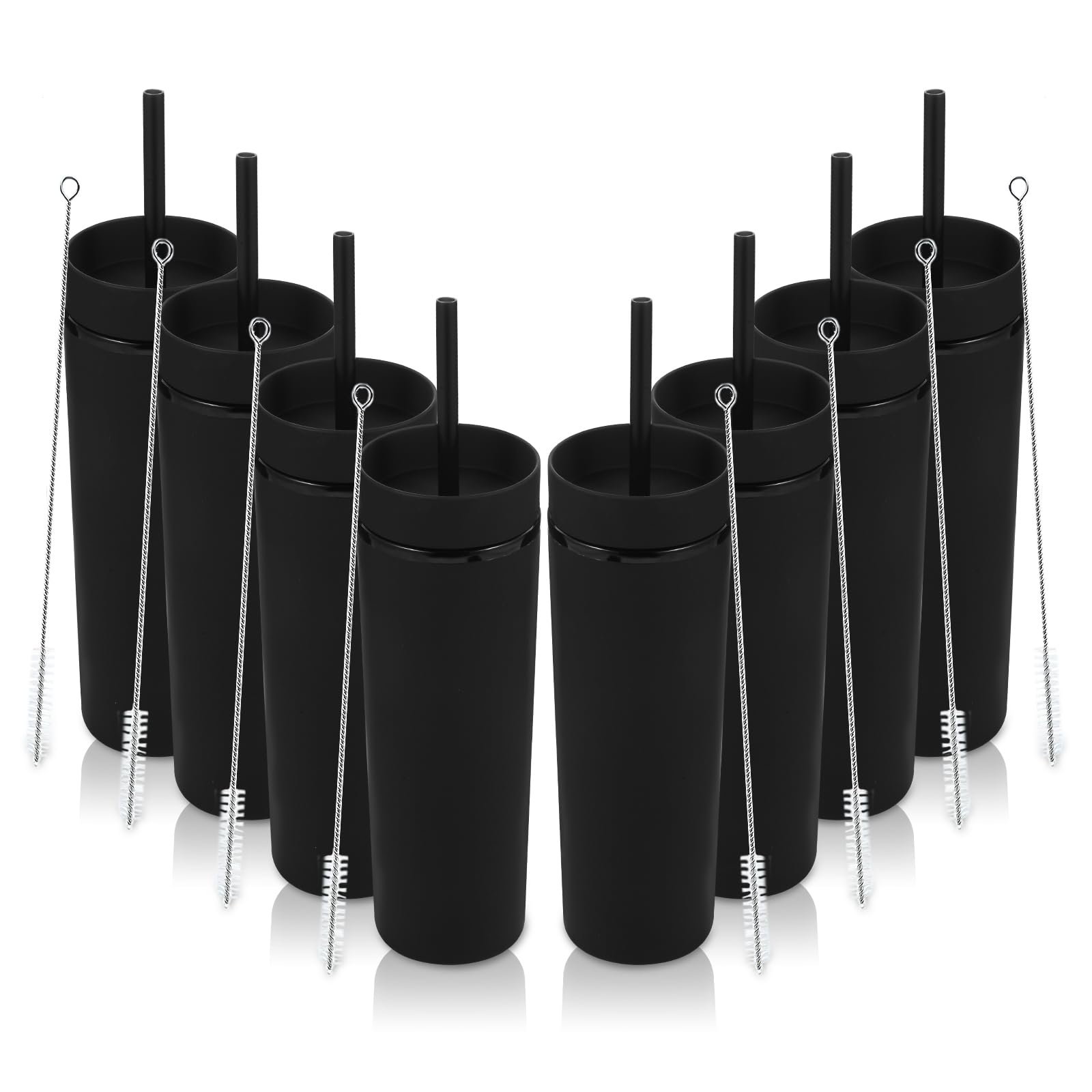 Volhoply 16oz Tumbler with Lid and Straw 8 Pack,Double Wall Plastic Skinny Tumblers Bulk,480ML Reusable Cute Coffee Mug,BPA Free Matte Acrylic Water Cups with Straw for Parties,DIY Gifts(Black,8 Set