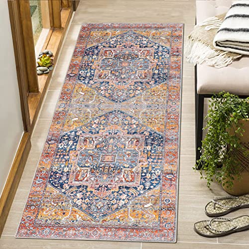 Cekene Tapis de couloir vintage vieilli 60 x 130 cm, antidérapant et lavable, tapis de couloir à poils courts pour cuisine, salle de bain, chambre à coucher Cover