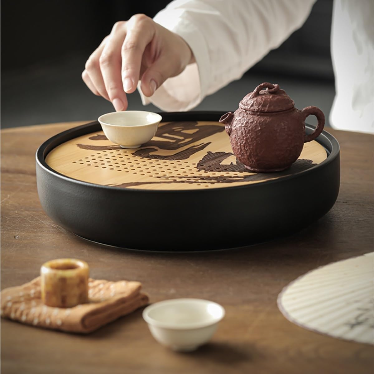 Bandeja de té de la tarde, juego de té de cerámica, bandeja de té china, bandeja de drenaje para almacenamiento de agua, bandeja redonda para té de Kung Fu, bandeja para taza de té para el hogar, ju