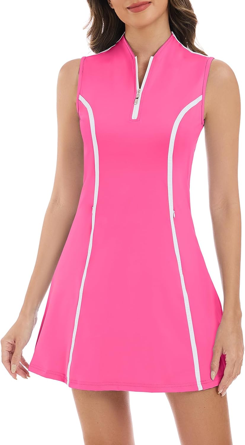 LURANEE Tennis Dress for Women Sleeveless Golf Dresses with Shorts and Pockets Zip Up Collarless Athletic Outfits