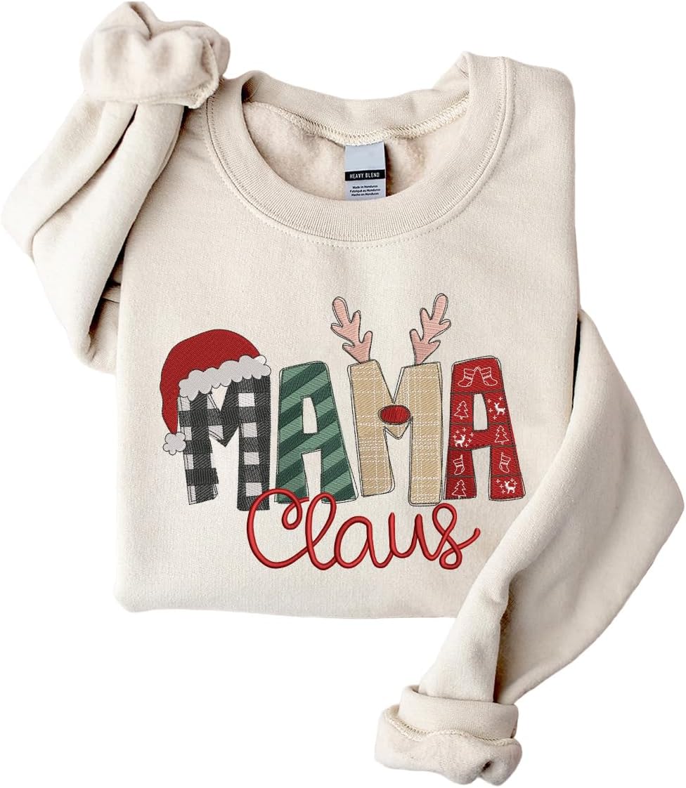 POPPOP Christmas Claus Embroidery Sweatshirt, Custom Mama Grandma Gigi Mimi Nickname, Gifts for Women Sweater