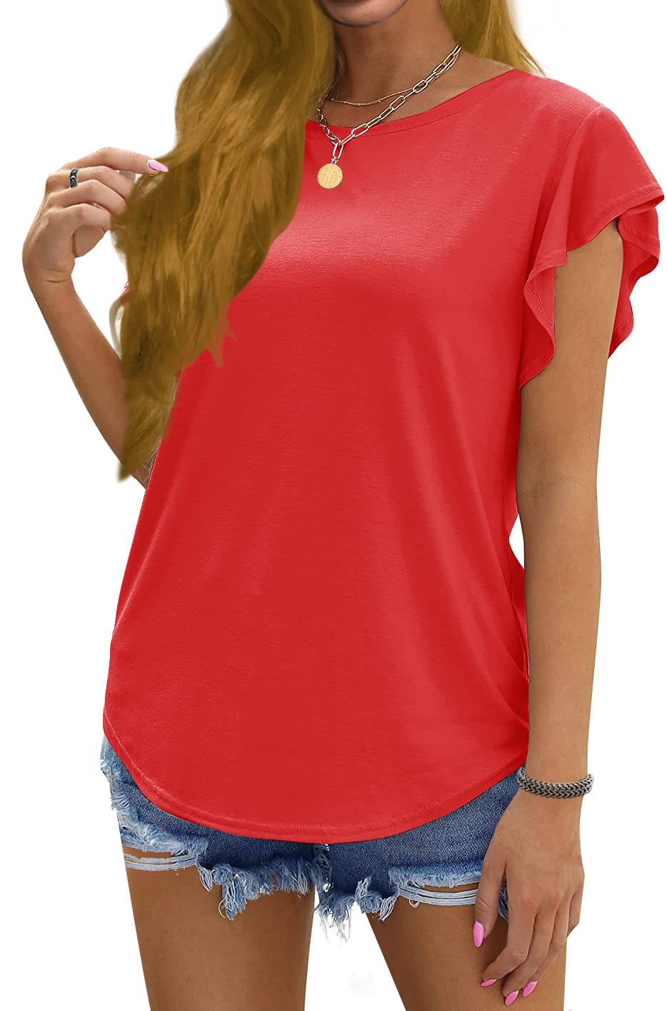 Women Ruffle Sleeve Tops Summer Casual Crew Neck Blouse Solid Cute Tunic Shirt