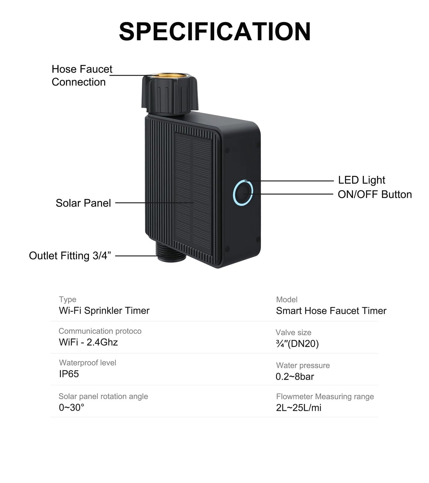 Timer for irrigazione intelligente alimentato a energia solare, timer for rubinetto flessibile Wi-Fi con ingresso in ottone, timer for irrigazione programmabile, nessun hub richiesto