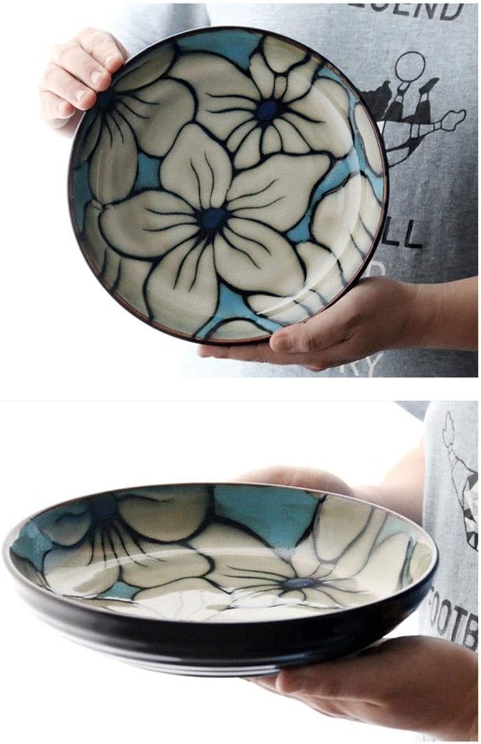 Retro Ceramic Tableware Serving Plate Deep Round Salad Bowl Combination Creative Lily Flower Hand Drawn Pattern
