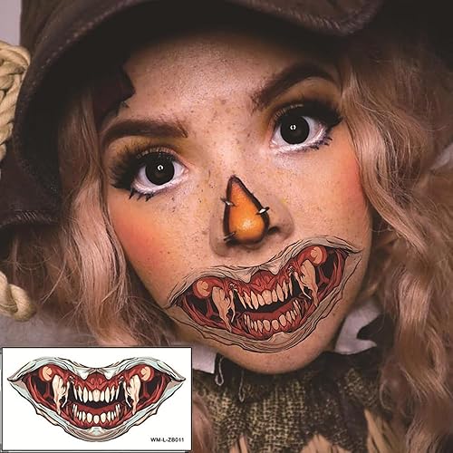 Miniatura 3 de Maquillaje de broma de Halloween, tatuajes temporales para mujeres adultas, juego de 10 hojas con diseños de boca de payaso aterrador, dientes y cara